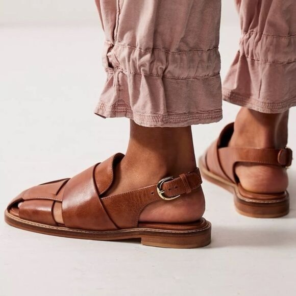Free People Shoes - NEW Free People Libby Fisher Flat Sandals Womens 8 Brown Leather Boho Slingback